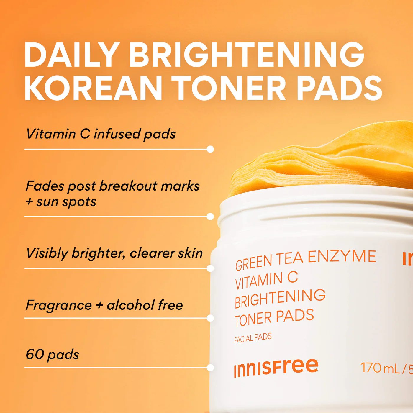 innisfree Green Tea Enzyme Vitamin C Brightening + Exfoliating Toner Pads - Image 3